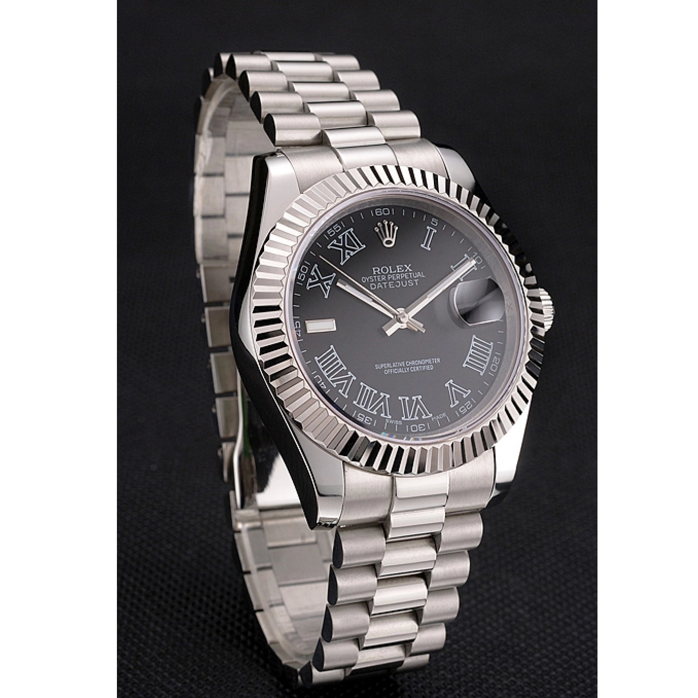 AAA Replica Watches Roman And Datejust Black Swiss Numerals Dial Rolex Case Stainless Steel Bracelet 0806